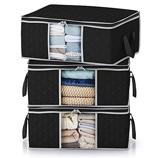 Picture of Lifewit Clothes Storage Bag Foldable Storage Bin Closet Organizer with Reinforced Handle Sturdy Fabric Clear Window for Sweaters, Coats, T-shirts, Blankets, 3 Pack, 35L, Black