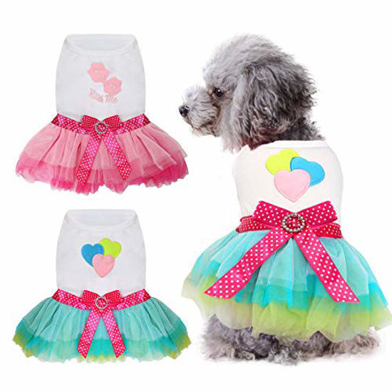 Picture of HYLYUN Small Dog Dress 2 Packs - Cute Tutu Princess Dress Heart & Lip Printed Puppy Dresses for Girl Small Dogs L