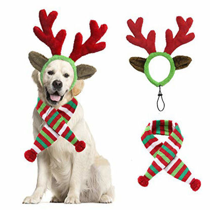 Picture of BWOGUE Dog Christmas Reindeer Elk Antlers Headband and Red-White-Green Striped Scarf Set Pet Christmas Costume Dog Costumes Accessories for Dogs and Cats