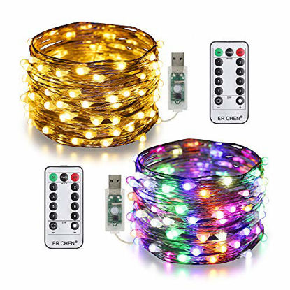 Picture of ER CHEN 2 Pack Dimmable USB String Lights, 33ft 100 LED Warm White & Multi-Color Changing Fairy Lights with Remote&Timer, 8 Modes Silver Coated Copper Wire Lights for Bedroom, Patio, Party