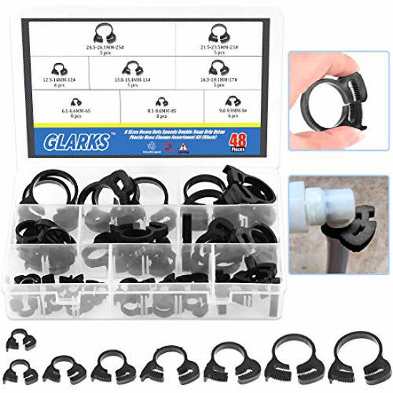 Picture of Glarks 48Pcs 8 Size Heavy Duty Black Double Gripping Nylon Hose Clamps Set, 6.6-27.2mm Plastic Snap Ratcheting Clamps Assortment Kit (Black 48Pcs)