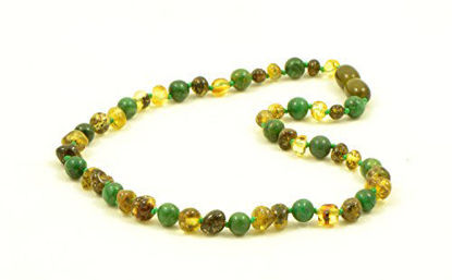 Picture of Amber Teething Necklace - Baby Necklace- Unisex - Various Size - Hand-Made from Baltic Amber and African Jade Beads (Green Amber/African Jade, 14.2in (36cm))