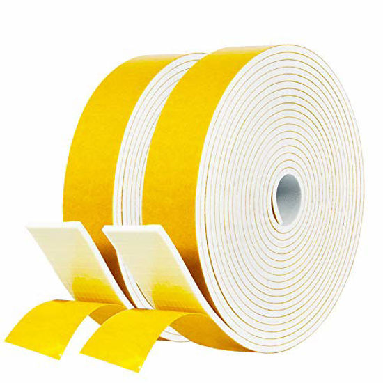 Picture of White Foam Sealing Weather Stripping- 2 Rolls, 1 Inch Wide X 1/8 Inch Thick, Window Seal Door Frame Insulation Closed Cell High Density Wide Adhesive Foam Tape, 15 Ft X 2, Total 30 Feet