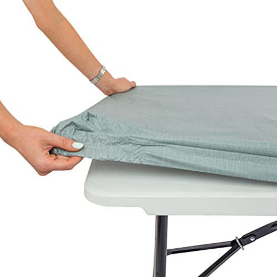 Picture of Tablecloth for Folding Table -Fitted Rectangular Table Cloth Plastic Vinyl Backed with Elastic Rim- for Christmas|Parties, Picnic (Light Gray, 6 ft, 32x72 inch)