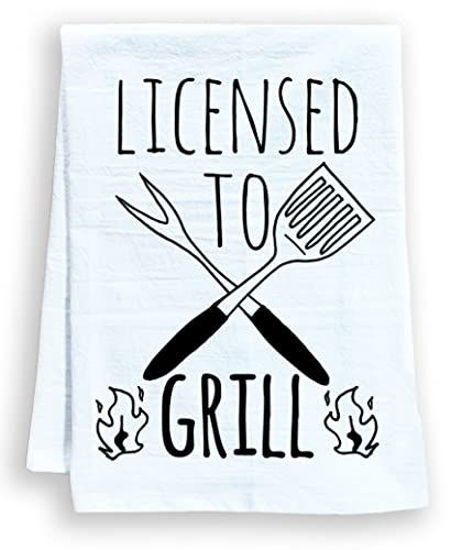 Picture of Funny Kitchen Towel, Licensed to Grill, Flour Sack Dish Towel, Sweet Housewarming Gift, White