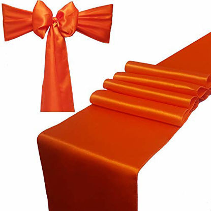 Picture of Combo Pack - 2 Satin Table Runners 12 x 108 inch & 10 Chair Sashes for Wedding Banquet Decoration, Bright Silk and Smooth Fabric Party Decor (Combo 2 Table Runner + 10 Chair Saches, Orange)