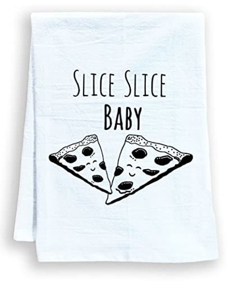 Picture of Funny Kitchen Towel, Slice Slice Baby, Flour Sack Dish Towel, Sweet Housewarming Gift, White