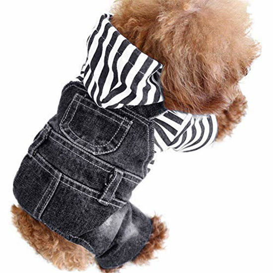 Picture of SILD Pet Denim Jumpsuit Dog Jeans Hoodies Cool Blue Coat Medium Small Dogs Classic Jacket Puppy Blue Vintage Washed Vests (M, Black)