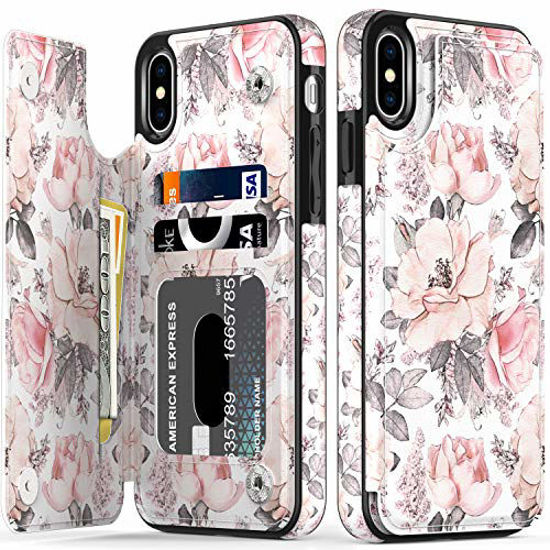 Picture of LETO iPhone Xs Max Case,Leather Wallet Case with Fashionable Designs for Girls Women,Flip Folio Cover with Card Slots Kickstand,Protective Phone Case for iPhone Xs Max Champagne Flowers