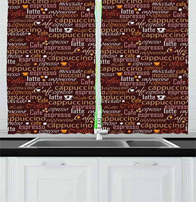 Picture of Ambesonne Tea Party Kitchen Curtains, Cafe Typography Coffee Culture Words Cappuccino Latte Illustration, Window Drapes 2 Panel Set for Kitchen Cafe Decor, 55" X 39", Chestnut Brown