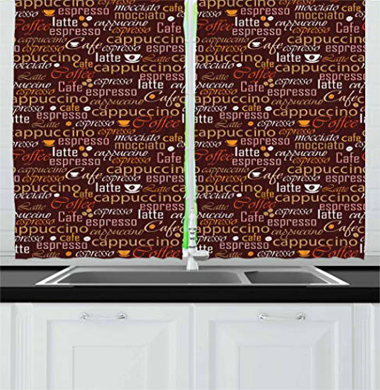 Picture of Ambesonne Tea Party Kitchen Curtains, Cafe Typography Coffee Culture Words Cappuccino Latte Illustration, Window Drapes 2 Panel Set for Kitchen Cafe Decor, 55" X 39", Chestnut Brown