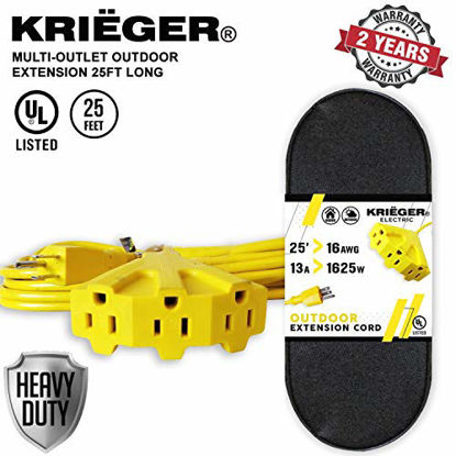 Picture of Krieger Extension Cord 25 FT, 3 Electrical Power Outlets, Heavy Duty Outdoor/Indoor 16 AWG 13A Multi Outlet Power Cord, 3-Prong Grounded AC Plugs, Ideal for Garden, UL Listed - Storage Bag Included