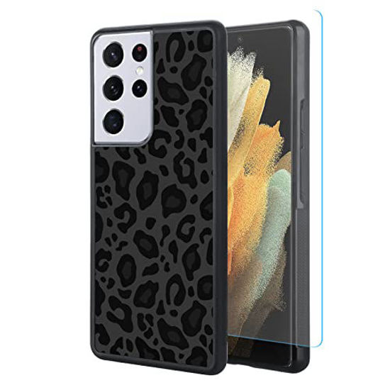 Picture of TEAUGHT Compatible with Samsung Galaxy S21 Ultra 5G Case, Cute Pattern Black Leopard + Screen Protector Tire Shockproof Cover, Designed for Galaxy S21 Ultra 5G Case for Girls Women