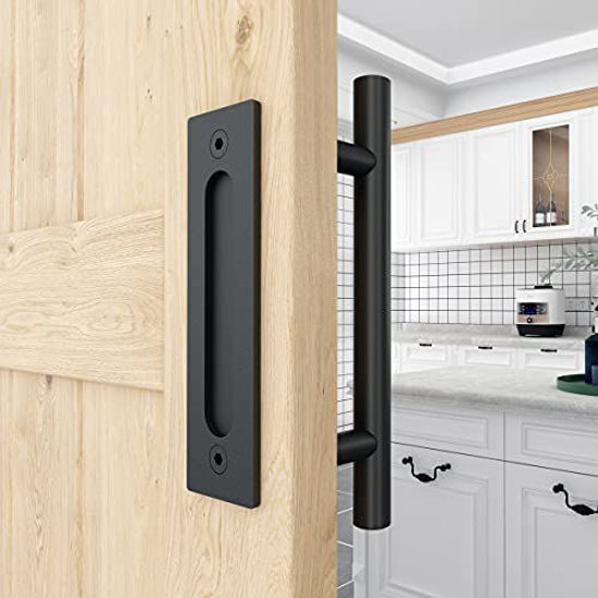 Picture of WINSOON 12" Sliding Barn Door Handles Black Hardware with Flush Finger Pull, Large Rustic, Pull and Flush Barn Door Handle Set, Suitable for Gate Garages Cabinet