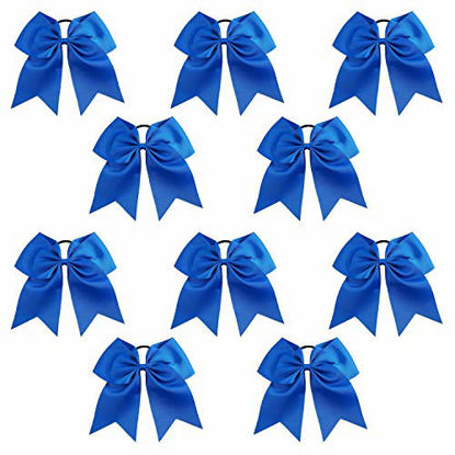 Picture of 7" Jumbo Cheer Bow Big Hair Bows with Ponytail Holder Large Classic Accessories for Teens Women Girls Softball Cheerleader Sports Elastics Ties Handmade by Kenz Laurenz (10 pack 7" Cheer Bow Blue)