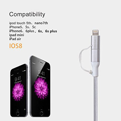 Picture of Turtle Brand Apple MFi Certified 2 in 1 Dual Connector Lightning to Micro USB Tangle-Free Charge/Sync Data Cable Cord for iPhone, iPad, iPod, Samsung - Silver