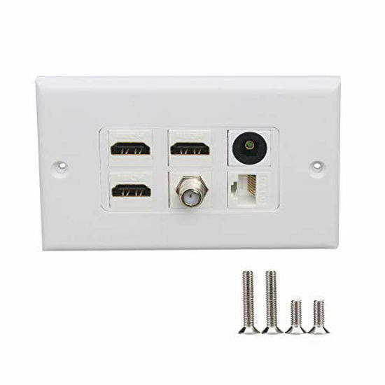 Picture of MOAVEQ Toslink Wall Plate with HDMI CAT6 Ethernet Coax TV F Type Keystone Jack (1Pack, 3xHDMI+CAT6+F+TOS)