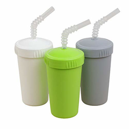 Picture of RE-PLAY Made in USA 3pk - 10 oz. Straw Cups with Reversible Straw | BPA Free Eco-Friendly Recycled Milk Jugs - Virtually Indestructible | Lime Green, White, Grey | (Modern Green)