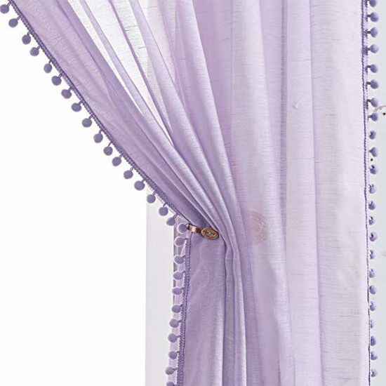 Picture of Treatmentex Pom-Pom Sheer Curtains for Girl's Bedroom 84 inches Long Voile Curtain Panels Rod Pocket Lilac 52" w x 2pc