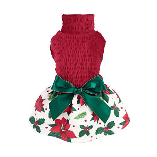 Picture of Fitwarm Christmas Poinsettia Flower Dog Costume Dog Christmas Outfits Girl Dog Holiday Dress Lightweight Velvet Turtleneck Puppy Clothes Pet Apparel Doggie One-Piece Cat Clothing Red Large