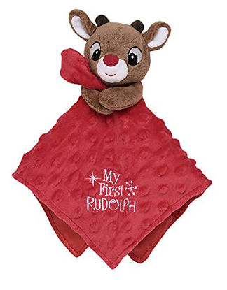 Picture of Baby Plush Rattle Snuggle Blanket with Satin and Embroidery, My First Rudolph (Red, 12 inch)