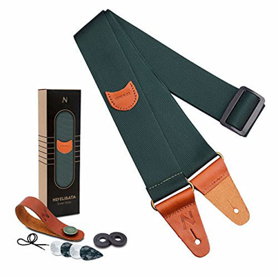 Picture of Guitar Strap, Vintage Nylon Full Grain Leather Ends Guitar Strap With Pick Pocket For Bass, Electric & Acoustic Guitars, Come With Free Strap Button, 1 Pair Strap Locks And 4 Guitar Picks (Green)