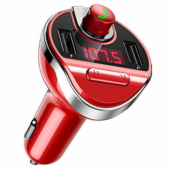 Picture of ORIA FM Transmitter, Bluetooth Wireless Car Radio Transmitter, Universal Car Charger with Dual USB Charging Ports, Hands Free Calling, TF Card Support, Red