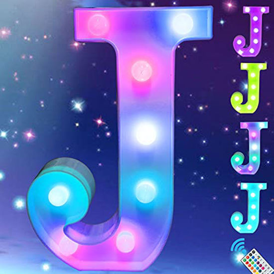 Picture of Light Up Colorful LED Marquee Letter Lights, 18 Colors Changing Alphabet Letters Sign with Remote Timer for Night Light Wedding Birthday Party Lamp Christmas Home Bar Decor- Colorful J