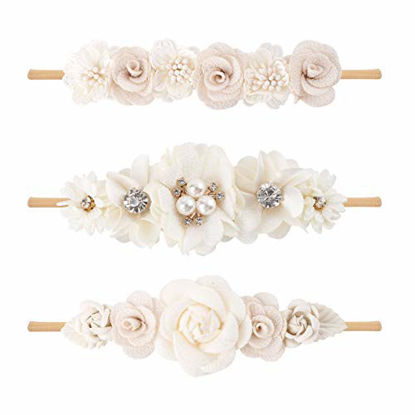 Picture of cherrboll 3pcs Baby Girl Headbands Flowers, Super Soft & Stretchy Nylon Floral Hairbands for Newborn Toddler