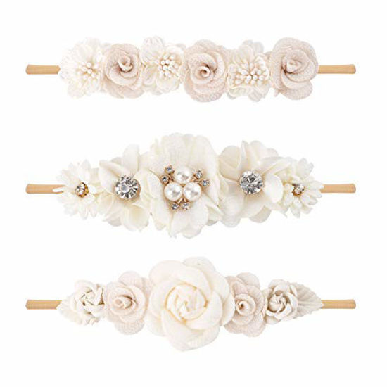 Picture of cherrboll 3pcs Baby Girl Headbands Flowers, Super Soft & Stretchy Nylon Floral Hairbands for Newborn Toddler