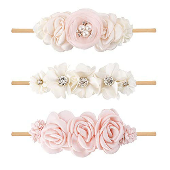 Picture of cherrboll 3pcs Baby Girl Headbands Flowers, Super Soft & Stretchy Nylon Floral Hairbands for Newborn Toddler