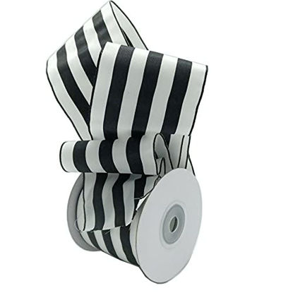 Picture of CSZD RIBBON Black White Stripe Wired Ribbon Wired Edge Ribbon 2.5" Wide 10 Yards Roll for Gift Wrapping DIY Christmas Tree Decor, Wreaths,Garlands, Bows (Black)