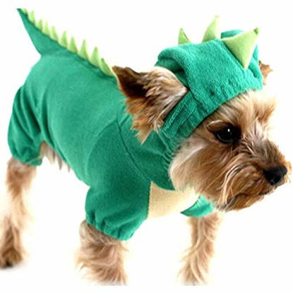 Picture of DELIFUR Dinosaur Dog Halloween Costume Pet Dino Hoodie for Small Dogs Cats (M, Green)