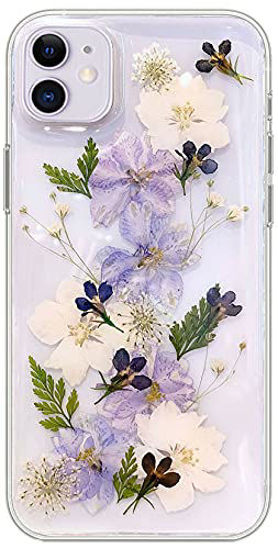 Picture of Abbery for iPhone 11 Flower case, Clear Soft TPU Flexible Rubber Pressed Dry Real Flowers Case Blue White Flower Case for iPhone 11 (Navy Flower)