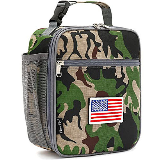 Picture of FlowFly Kids Lunch box Insulated Soft Bag Mini Cooler Back to School Thermal Meal Tote Kit for Girls, Boys, Forest Camo with Flag