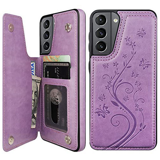 Picture of Vaburs for Galaxy S21 Wallet Case with Card Holder, Embossed Butterfly Pattern Premium PU Leather Double Magnetic Buttons Flip Shockproof Case for Samsung Galaxy S21(6.2",Purple)