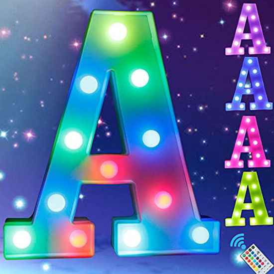 Picture of Light Up Colorful LED Marquee Letter Lights, 18 Colors Changing Alphabet Letters Sign with Remote Timer for Night Light Wedding Birthday Party Lamp Christmas Home Bar Decor- Colorful A