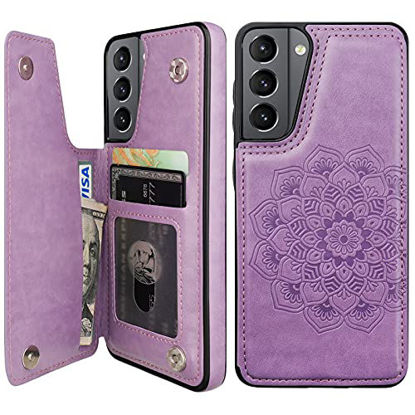 Picture of Vaburs for Galaxy S21 Wallet Case with Card Holder, Embossed Mandala Pattern Premium PU Leather Double Magnetic Buttons Flip Protective Case for Samsung Galaxy S21(6.2",Purple)