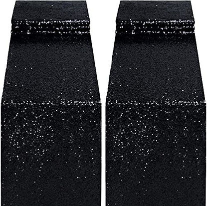 Picture of yuboo Black Sequin Table Runners, 2 Pack Glitter 12''x108'' Glitter Table Cloth for Halloween Party Decorations