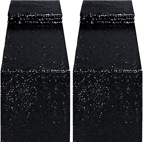 Picture of yuboo Black Sequin Table Runners, 2 Pack Glitter 12''x108'' Glitter Table Cloth for Halloween Party Decorations