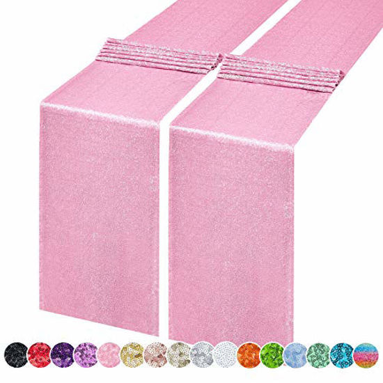 Picture of Hahuho 2PCS 12x108 Inch Sequin Table Runner Pink Glitter Table Runner for Party, Wedding, Bridal Baby Shower, Event Decorations2PCS, 12x108 Inch, Pink