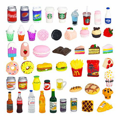 Picture of 50 Pcs Miniature Food Drink Bottles Soda Pop Cans Pretend Play Kitchen Game Party Accessories Toys Hamburg Cake Ice Cream for 1/12 Doll House (25Food+25Drink)