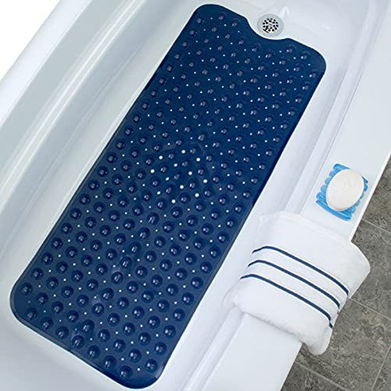 Picture of SlipX Solutions Extra Long Bath Tub and Shower Mat 39 x 16 Inch, Non-Slip Traction, Longer Than Standard Bathtub Mats (200 Suction Cups, Machine Washable) (Navy)