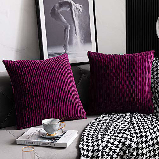 Picture of DEZENE 16x16 Purple Throw Pillow Cases: 2 Pack Original Striped Velvet Square Decorative Pillow Covers for Farmhouse Couch