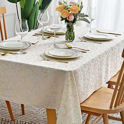 Picture of maxmill Jacquard Table Cloth Damask Pattern Spillproof Wrinkle Resistant Oil Proof Heavy Weight Soft Tablecloth for Kitchen Dinning Tabletop Outdoor Picnic Rectangle 52 x 70 Inch Beige with White