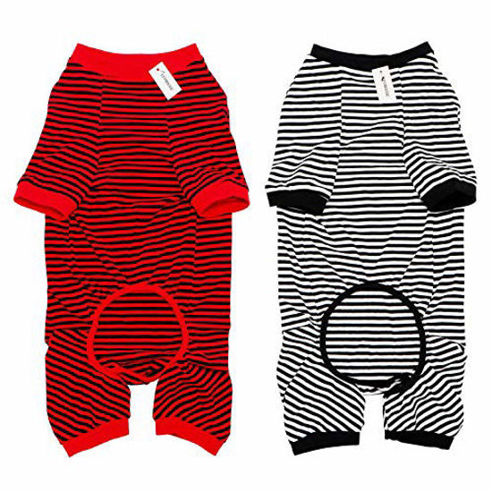 Picture of Dog Pajamas Cotton Striped Pup Jumpsuit, Breathable 4 Legs Basic Pjs Shirts for Puppy and Cat, Super Soft Stretchable Puppy Jammies, Fashion & Comfy for Both Boys and Girls (Black Red+Black, XX-Small)