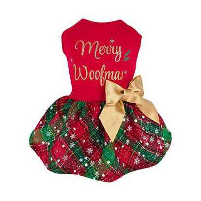 Picture of Fitwarm Merry Woofmas 100% Cotton Dog Christmas Outfits Girl Dog Holiday Dress Lightweight Doggie Costume Puppy Clothes Pet Apparel with Bowknot Cat Clothing Red Large