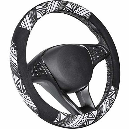 Picture of SEG Direct Boho Steering Wheel Cover with Vibrant Soft Cloth, Universal fit for 14" 1/2-15" 1/4 Outer Diameter Steering Wheel, Half Circle Black