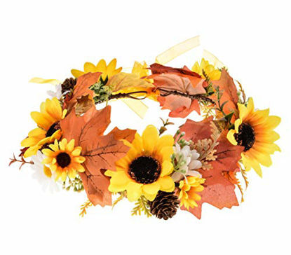 Picture of DDazzling Women Flower Headband Wreath Crown Floral Wedding Garland Wedding Festivals Photo Props (Yellow Sunflower Orange Leaf)