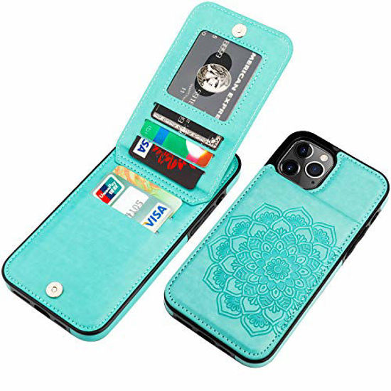 Picture of Vaburs Compatible with iPhone 12 and iPhone 12 Pro Case with Wallet Card Holder,Embossed Mandala Pattern Flower PU Leather 4 Card Slots Kickstand Shockproof Flip Cover 6.1 Inch(Green)